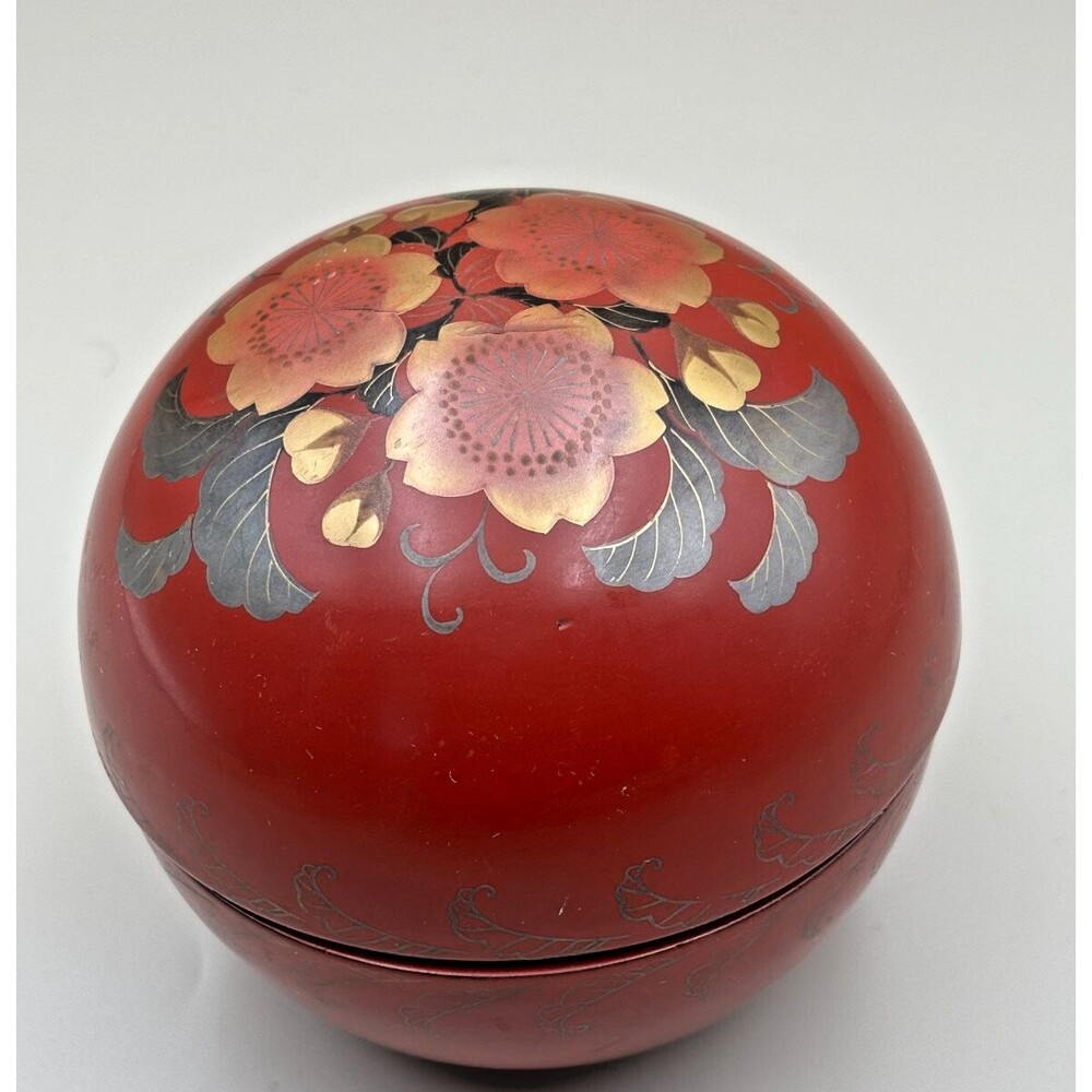 RED VINTAGE Handpainted Floral Japanese Lacquer Domed Gift Box